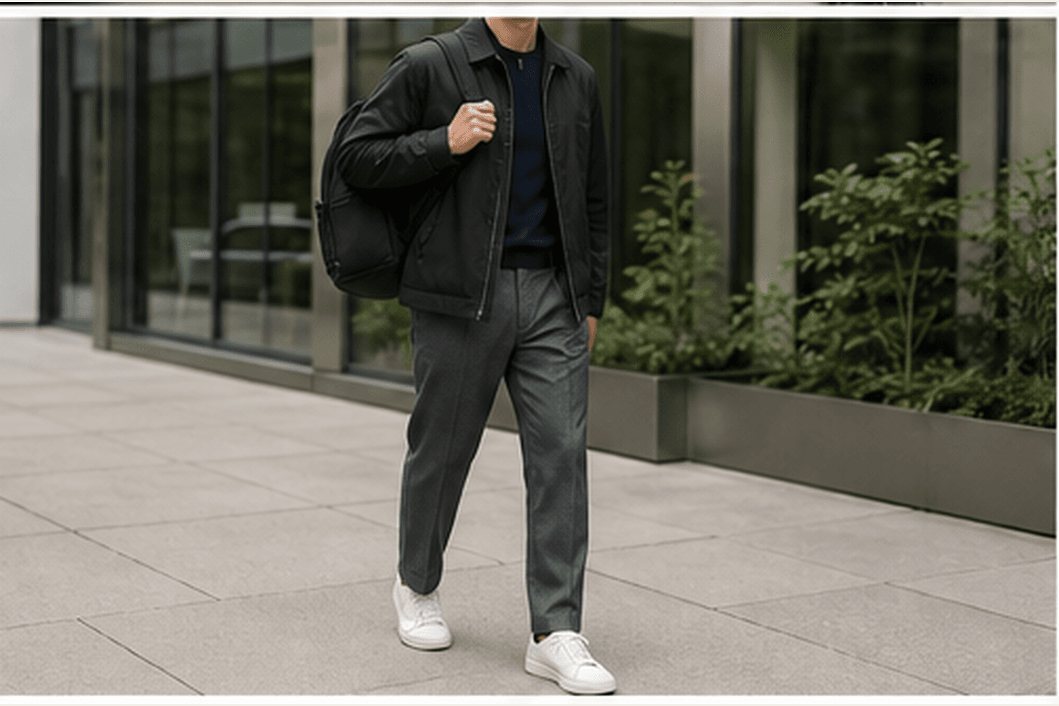 Commute-friendly office outfit with technical jacket, relaxed trousers, clean sneakers, and structured backpack.