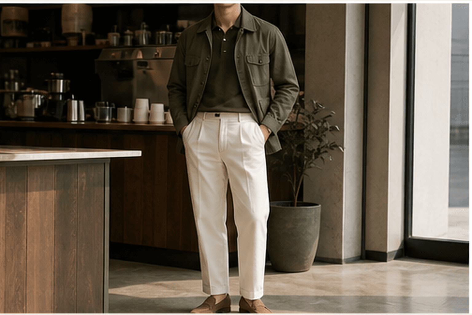 Creative office outfit with knit polo, relaxed cotton trousers, suede loafers, and utility jacket.