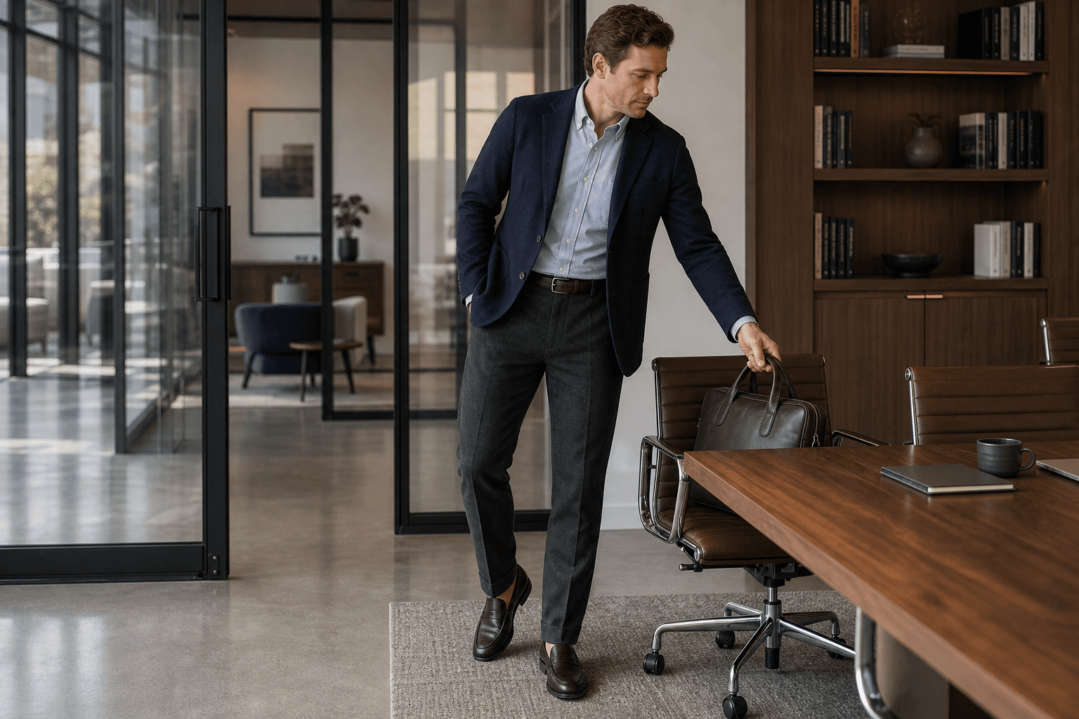 Polished meeting outfit with blue oxford, charcoal trousers, loafers, and navy blazer.