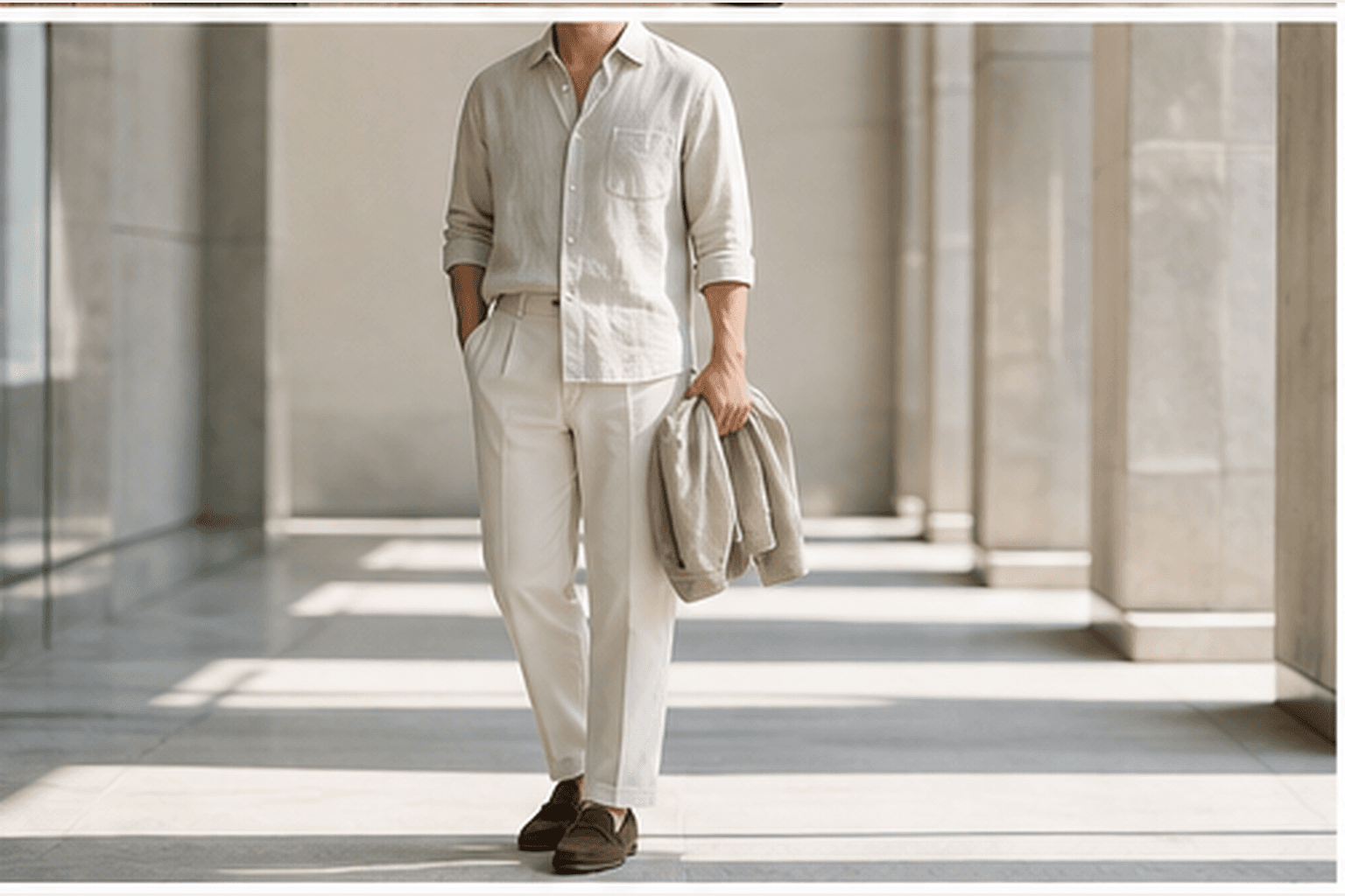 Light summer office outfit with linen shirt, lightweight trousers, loafers, and linen jacket.