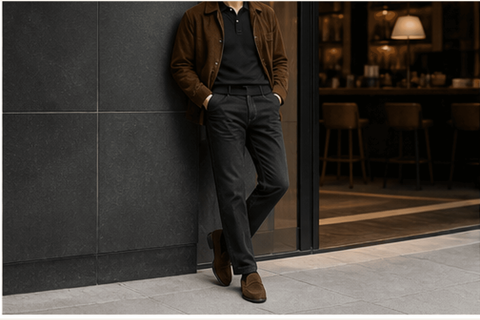 Work-to-dinner outfit with dark knit polo, charcoal trousers, suede jacket, and loafers.