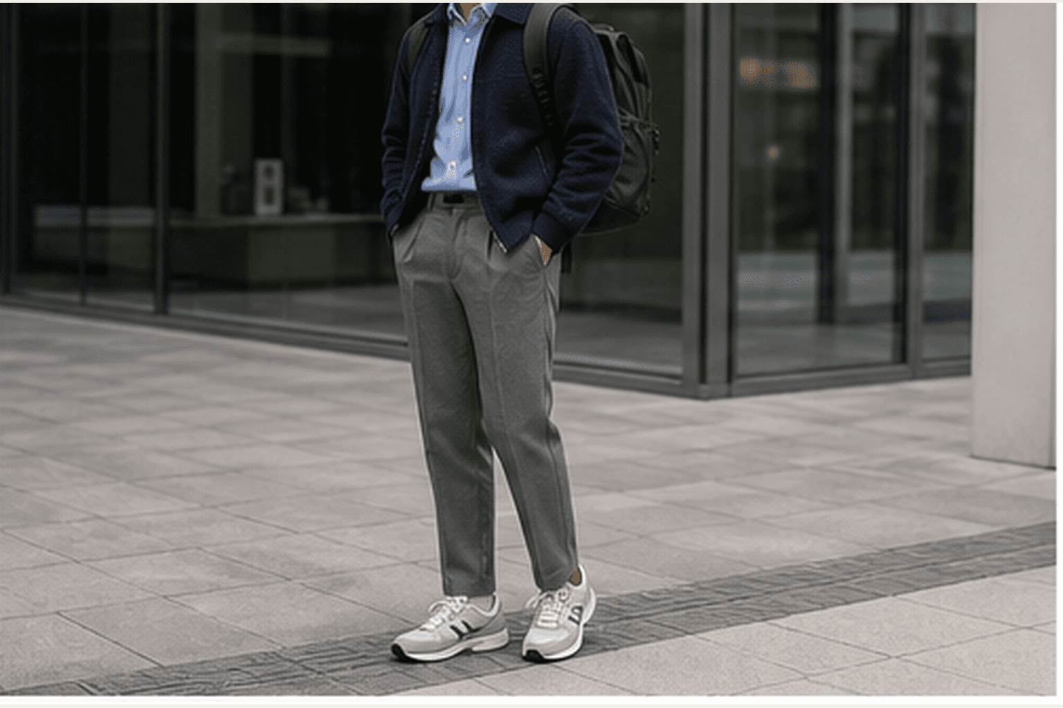 Office twist outfit with oxford shirt, relaxed wool trousers, retro runners, technical backpack, and cropped fleece.