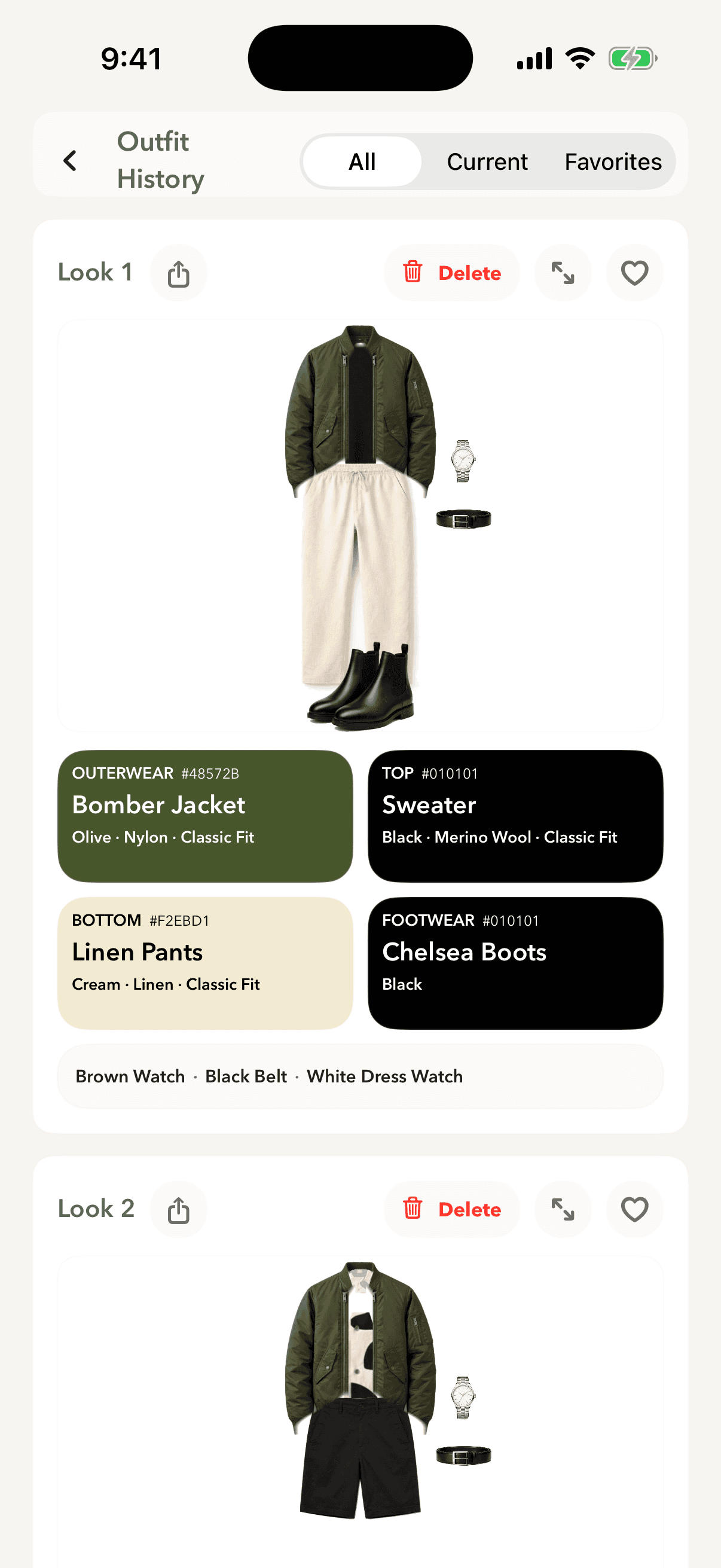 Outfit history screen in Modera