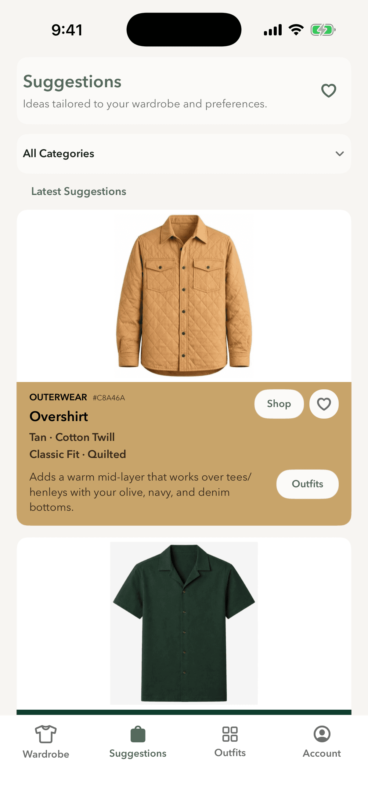 Modera menswear suggestions screen in light mode