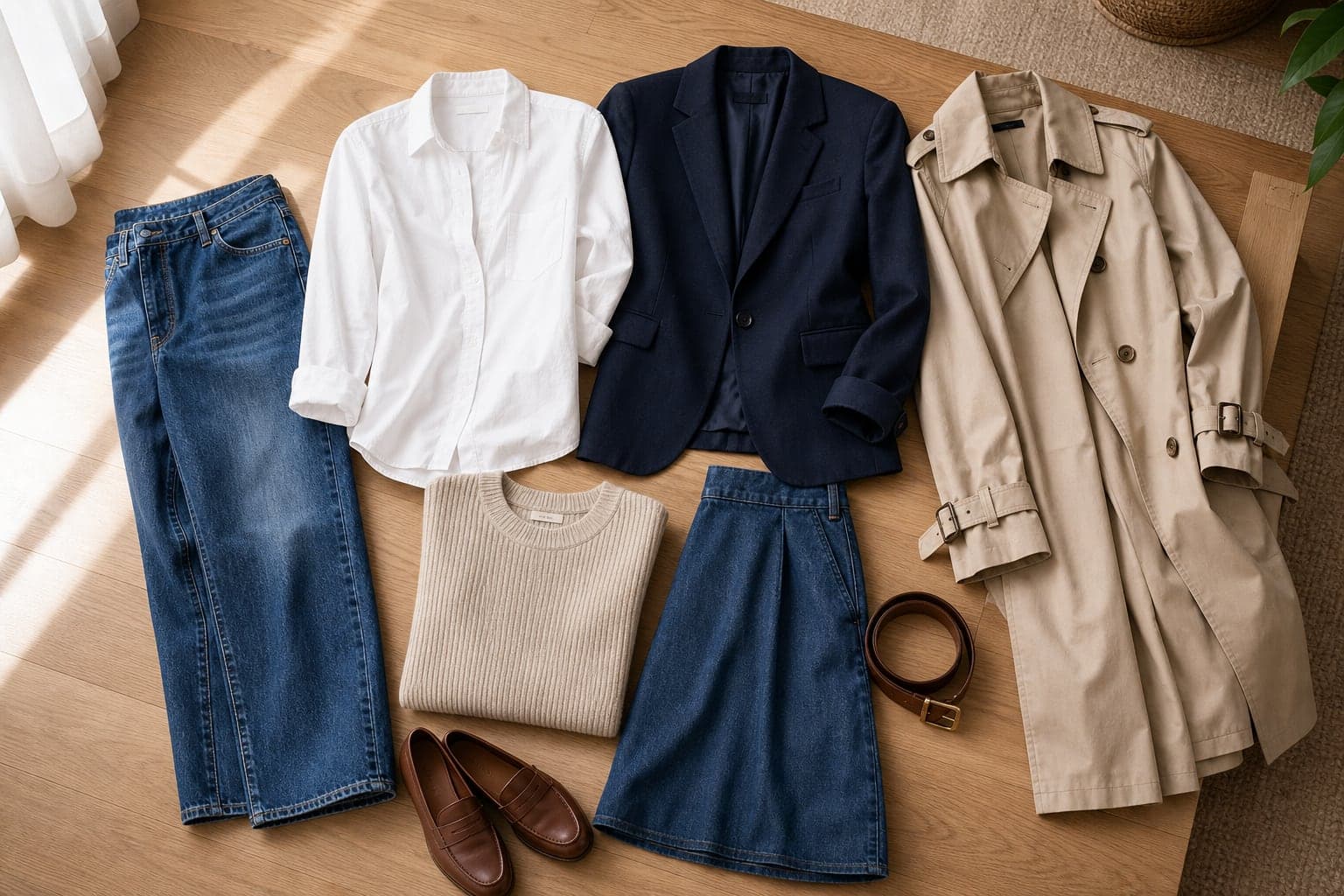 A classic smart casual wardrobe flat lay with straight-leg jeans, white cotton shirt, navy blazer, loafers, trench, ribbed knit, denim skirt, and leather belt.