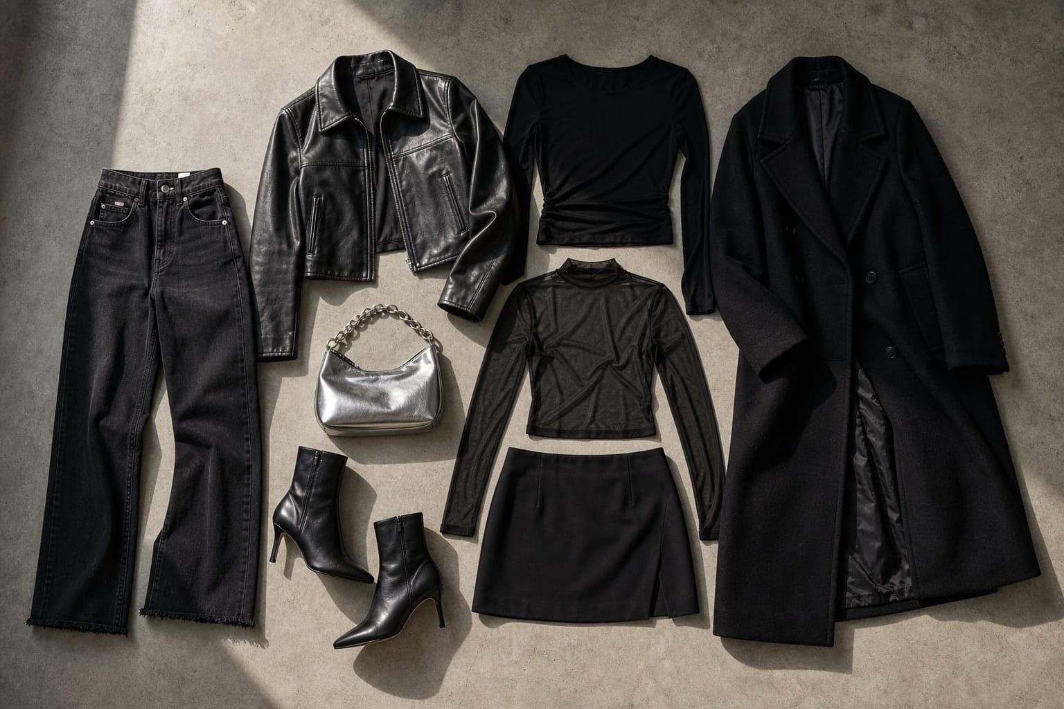 A downtown sleek wardrobe flat lay with black denim, cropped leather jacket, fitted top, sheer layer, mini skirt, heeled boots, silver bag, and long black coat.