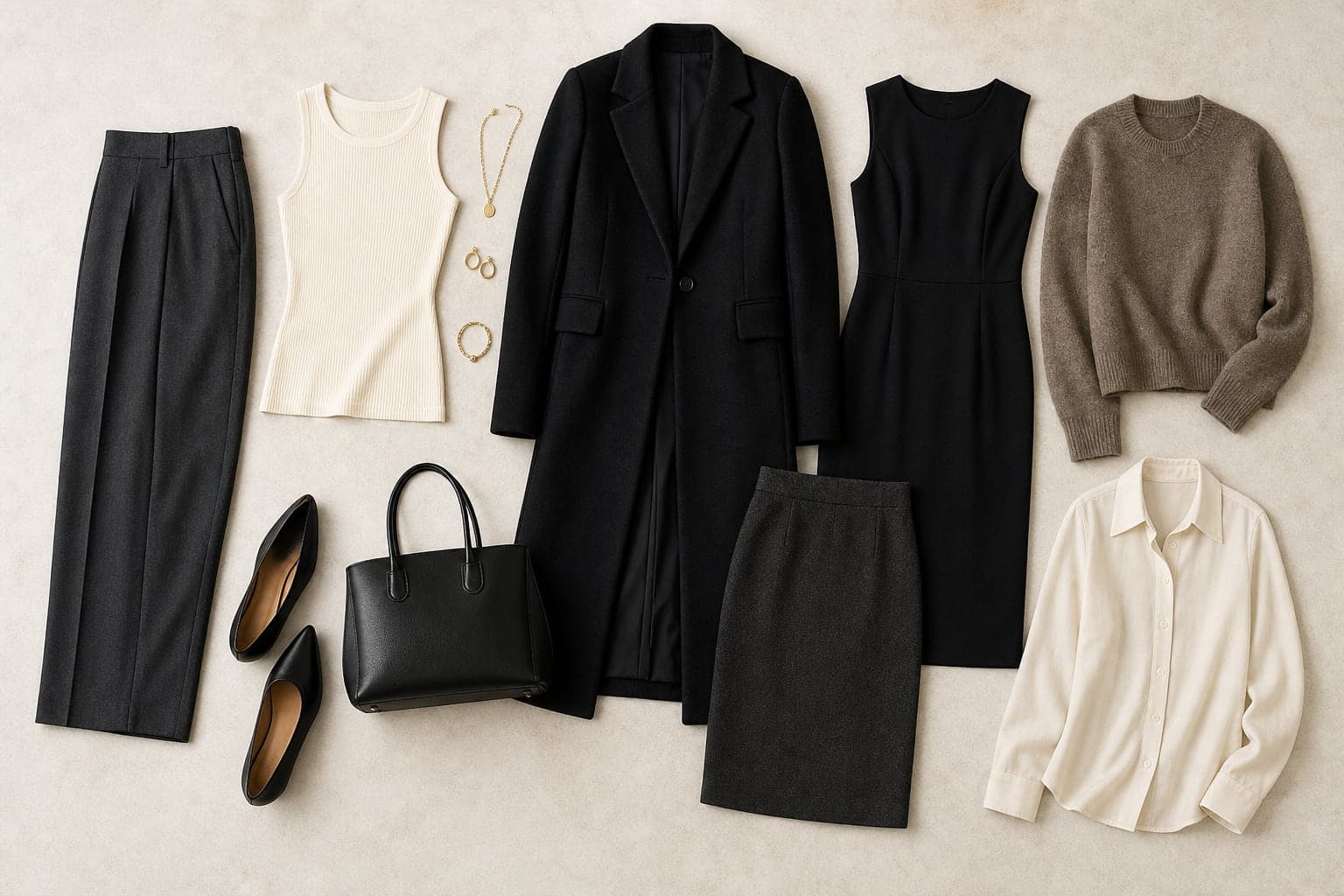 A polished minimal wardrobe flat lay with tailored trousers, ivory knit tank, black coat, pointed flats, structured bag, simple jewelry, column skirt, and monochrome dress.