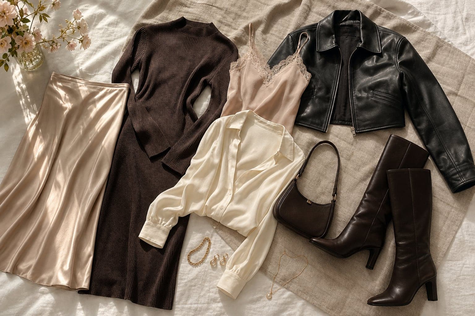 A romantic practical wardrobe flat lay with satin skirt, knit dress, lace-trim camisole, soft blouse, leather jacket, tall boots, small shoulder bag, and delicate jewelry.