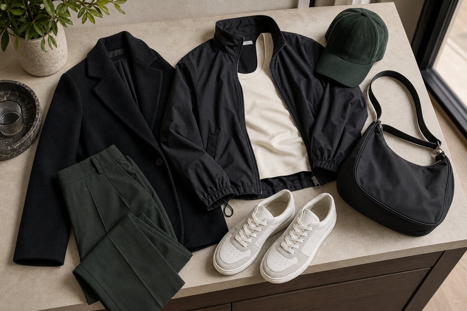 A sporty polished wardrobe flat lay with relaxed trousers, nylon jacket, fitted tank, clean sneakers, cap, structured coat, and sleek bag.