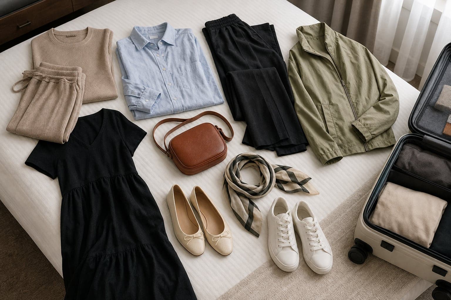 A travel-ready wardrobe flat lay with matching set, wrinkle-resistant trousers, button-down shirt, flats, sneakers, lightweight jacket, simple dress, crossbody bag, scarf, and suitcase.