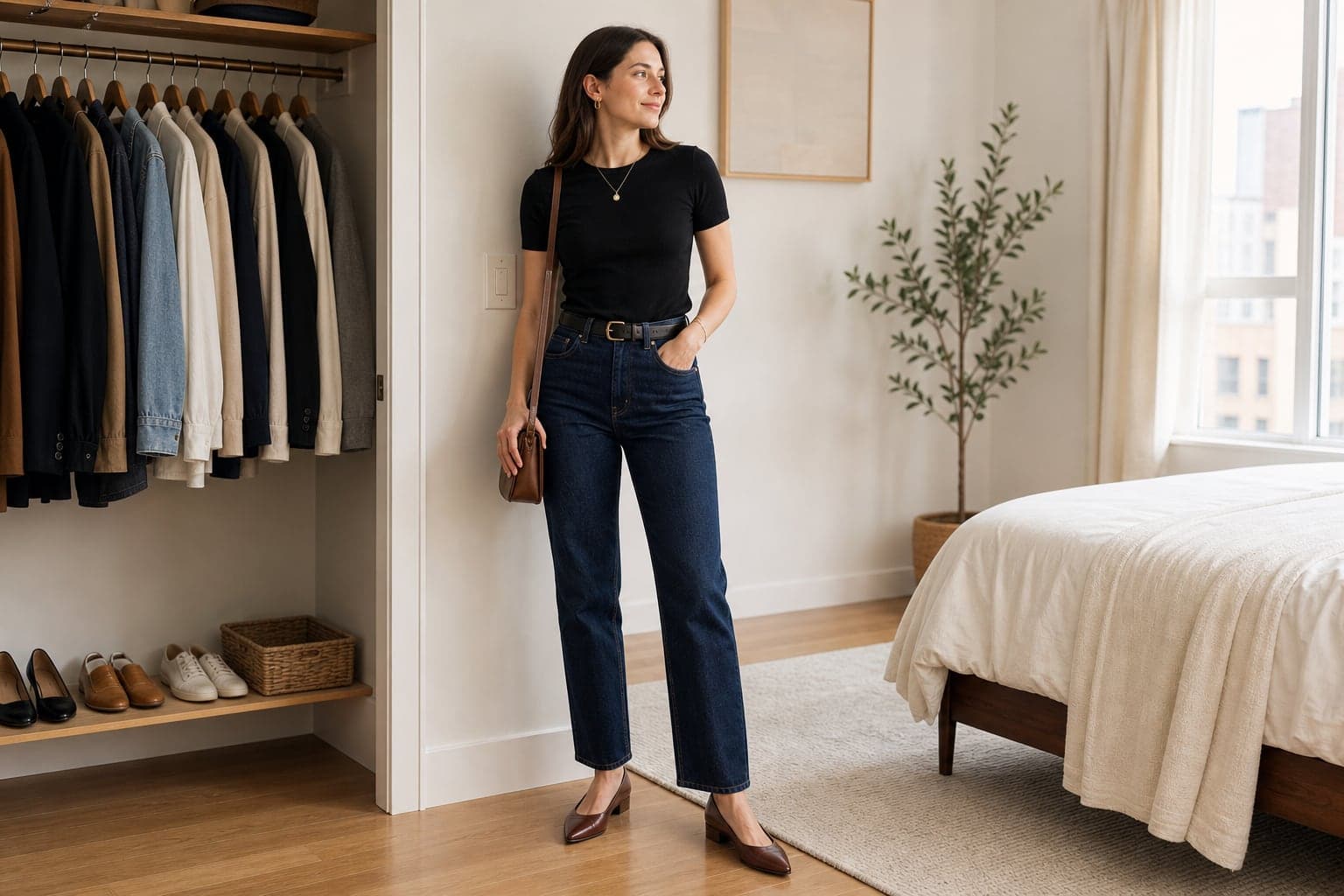 A woman in best-fitting straight jeans, fitted black top, intentional shoe, simple jewelry, and small shoulder bag beside a wardrobe.
