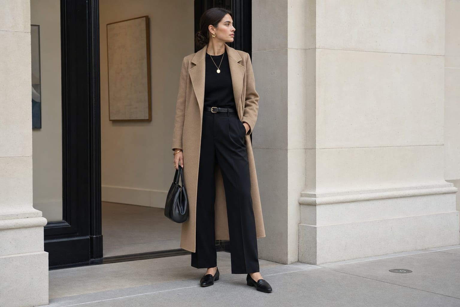 A woman in a monochrome black base, camel long coat, sculptural gold jewelry, black loafers, and structured handbag outside a gallery.
