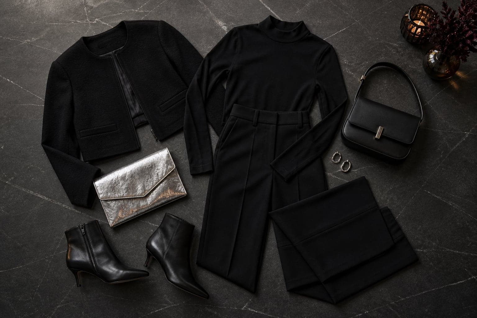 A night-out flat lay with black base layers, sharp ankle boots, structured jacket, metallic silver clutch, black bag, and small earrings.