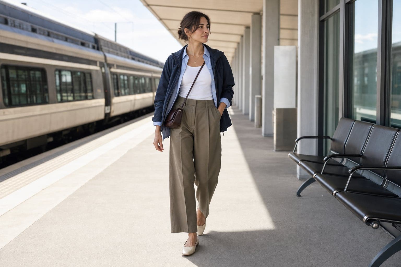 A woman in relaxed trousers, tank, button-down layer, flat shoes, lightweight jacket, and crossbody bag on a train platform.