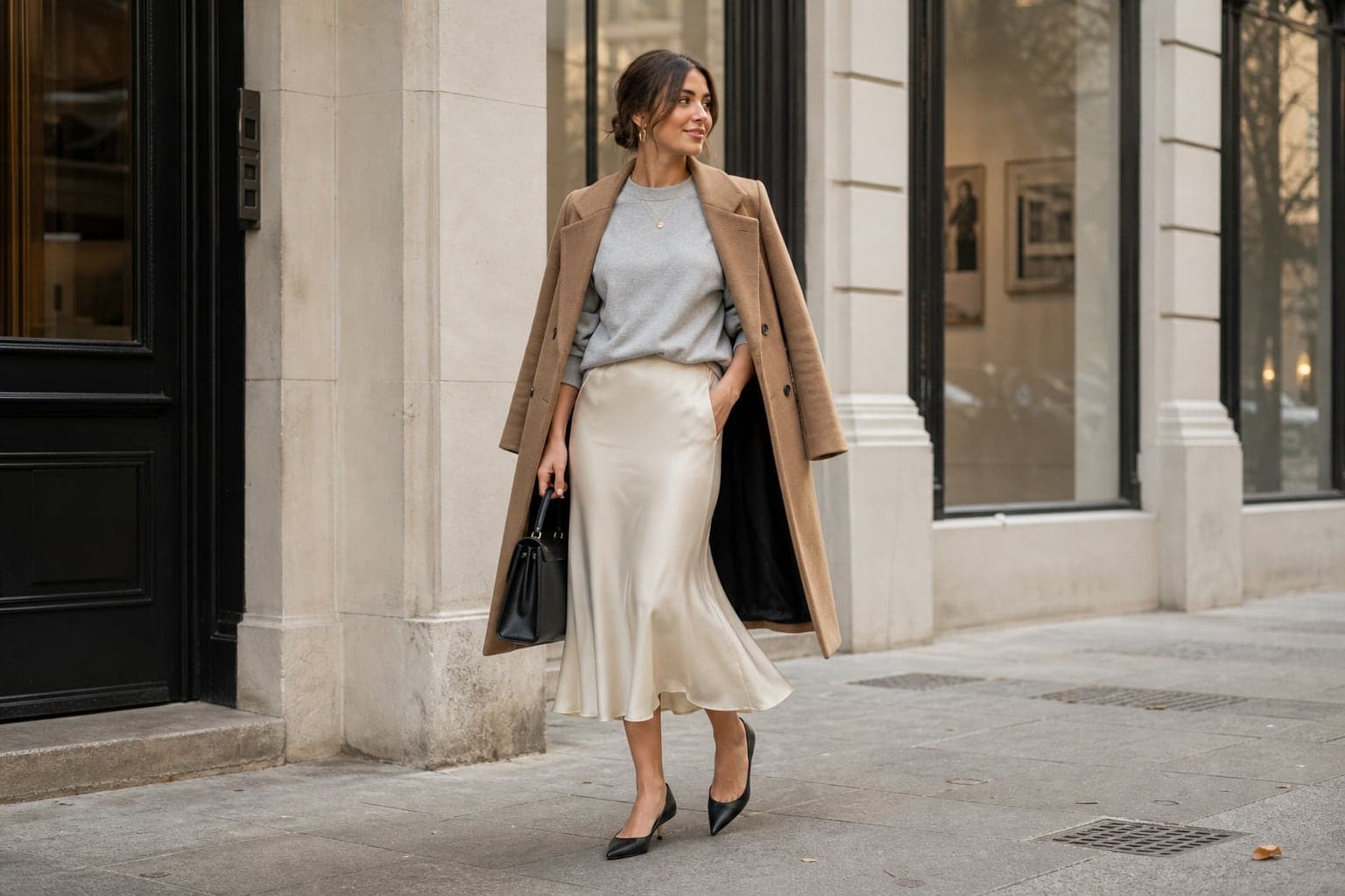A woman in a romantic ivory skirt, sporty grey sweatshirt, pointed flats, structured camel coat, and black handbag on a city sidewalk.