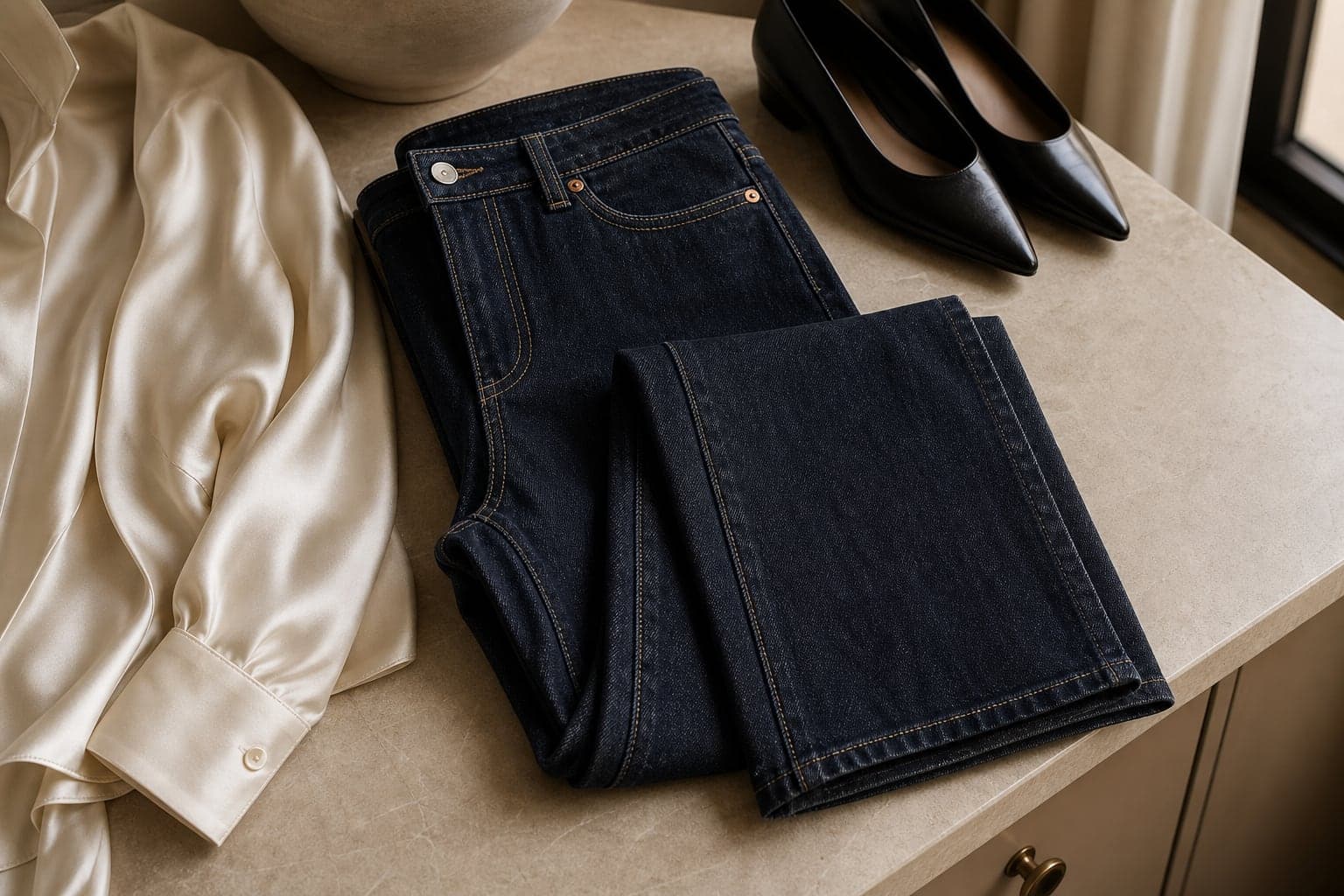 Dark straight-leg jeans folded beside an ivory blouse and pointed black flats.