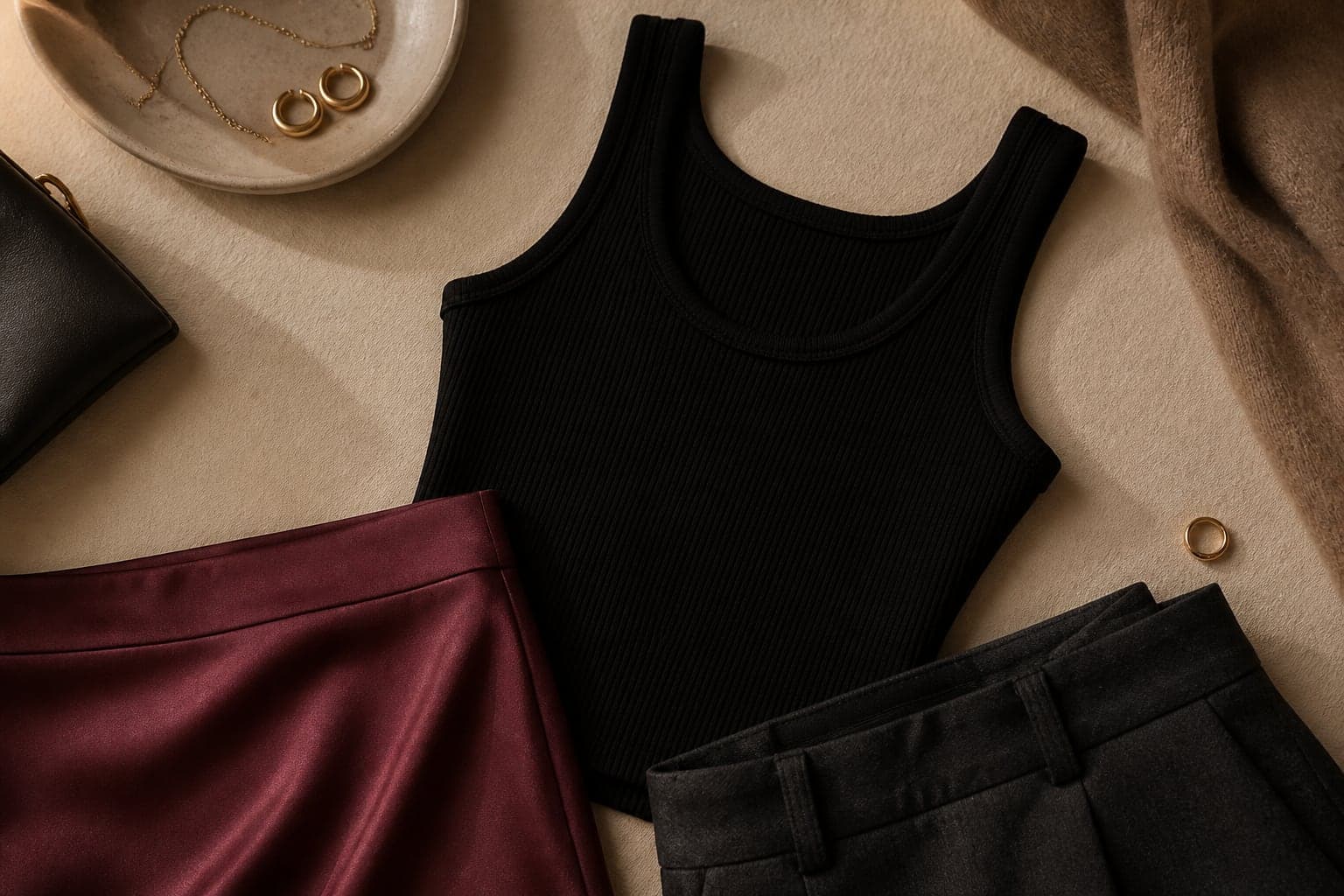 A black fitted ribbed tank styled with a burgundy satin skirt and charcoal trousers.
