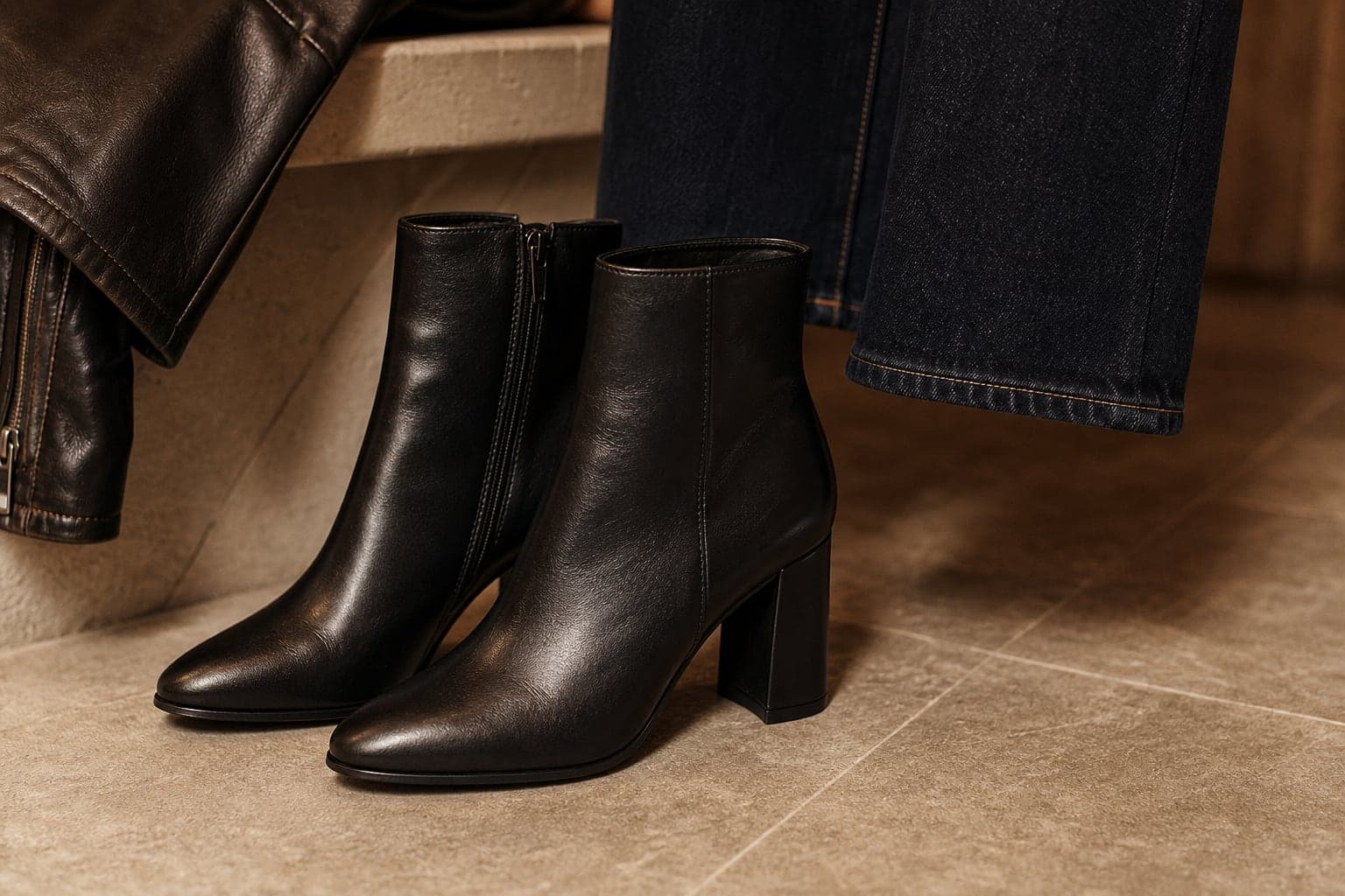Black leather heeled ankle boots beside dark denim and a leather jacket edge.