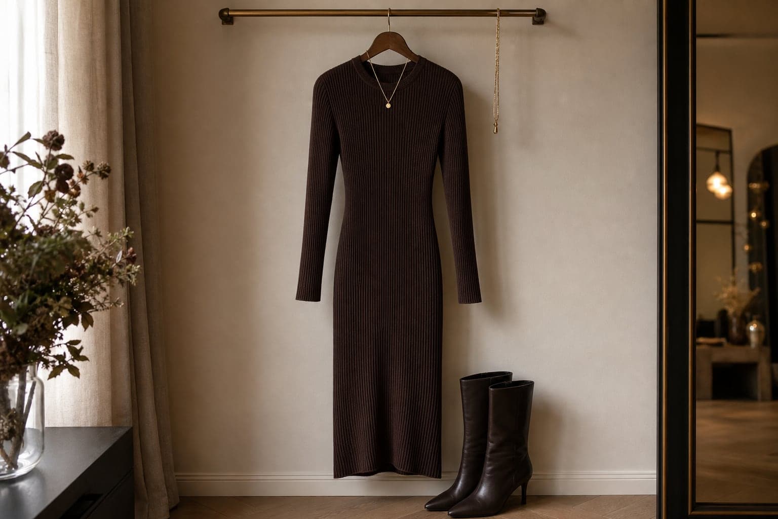 A dark ribbed knit midi dress hanging above tall black leather boots in warm light.