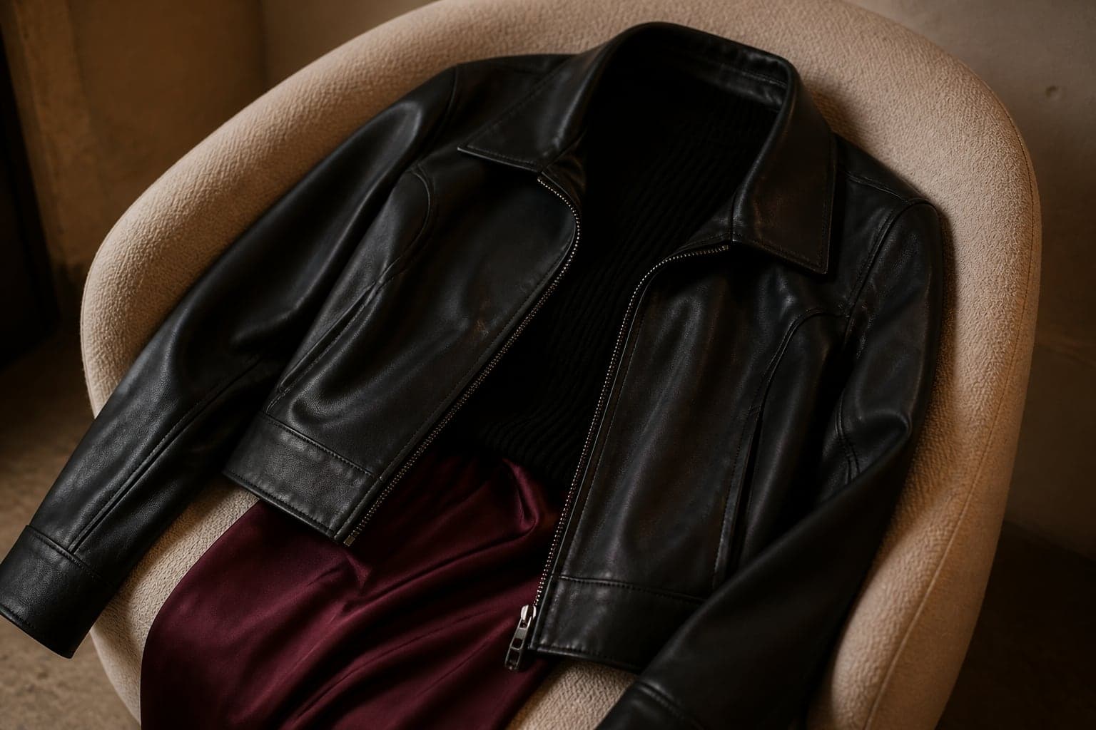 A cropped black leather jacket draped over burgundy satin fabric in warm evening light.