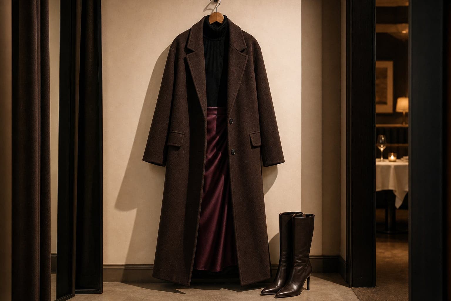 A long chocolate wool coat hanging over a dark dress with tall black boots below.