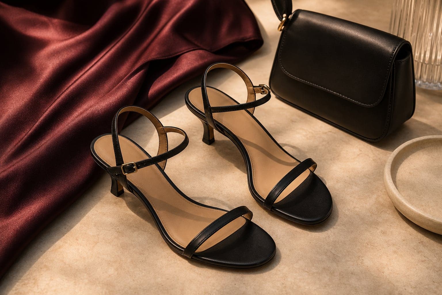 Minimal black heeled sandals arranged with burgundy satin and a small black shoulder bag.
