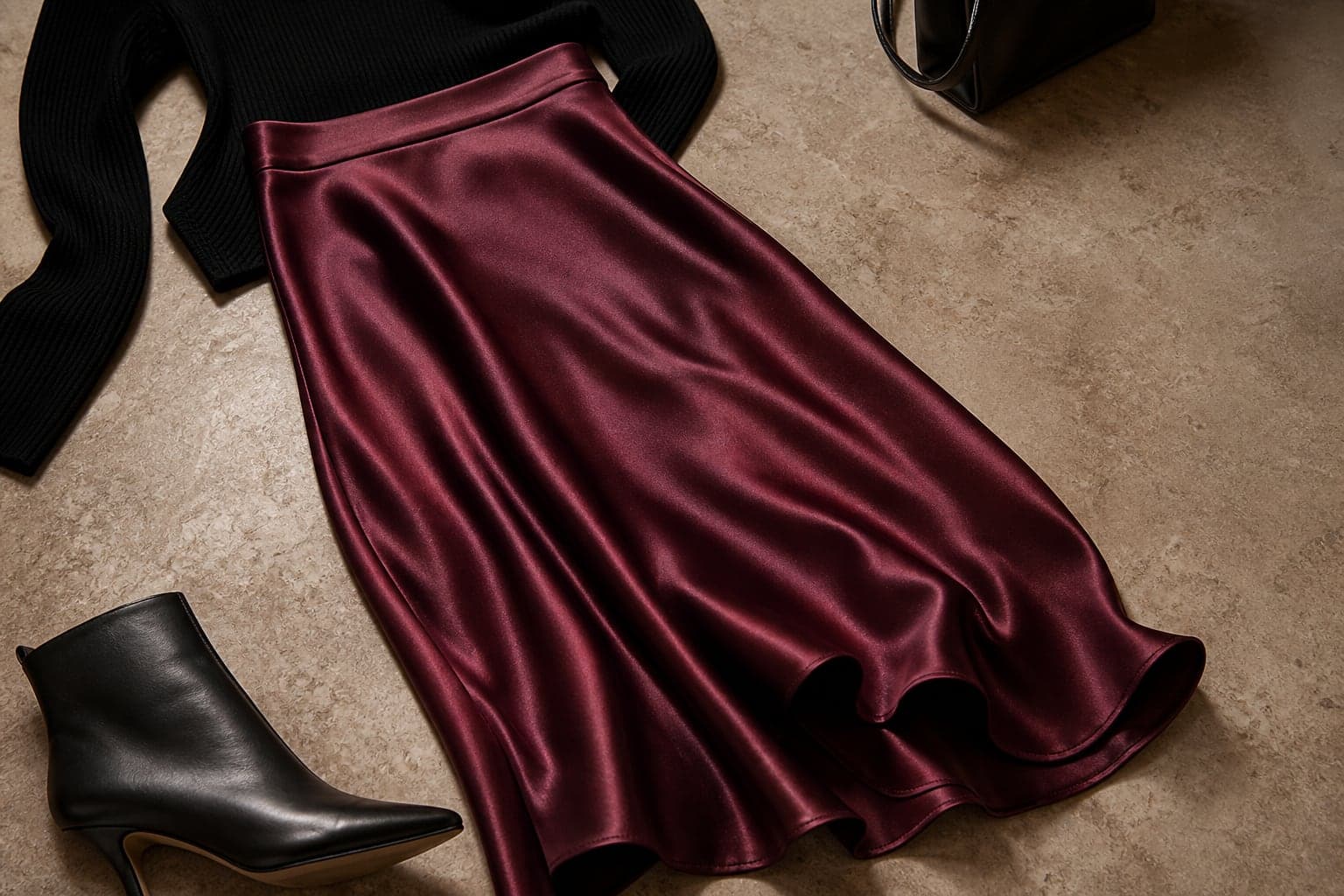 A burgundy satin midi skirt arranged with a black ribbed knit and black ankle boot.