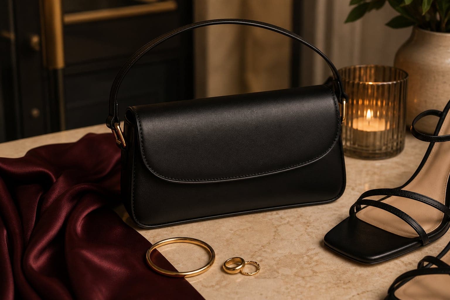 A small black shoulder bag arranged with burgundy satin, minimal sandals, and jewelry.
