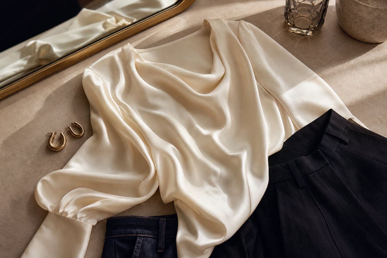 An ivory satin draped blouse arranged beside dark trousers and small metallic earrings.
