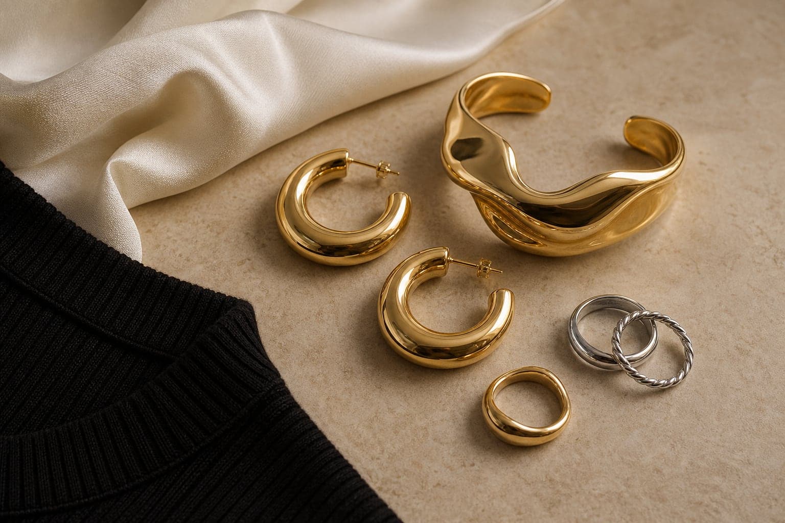 Sculptural gold and silver jewelry arranged beside ivory satin and black ribbed knit.