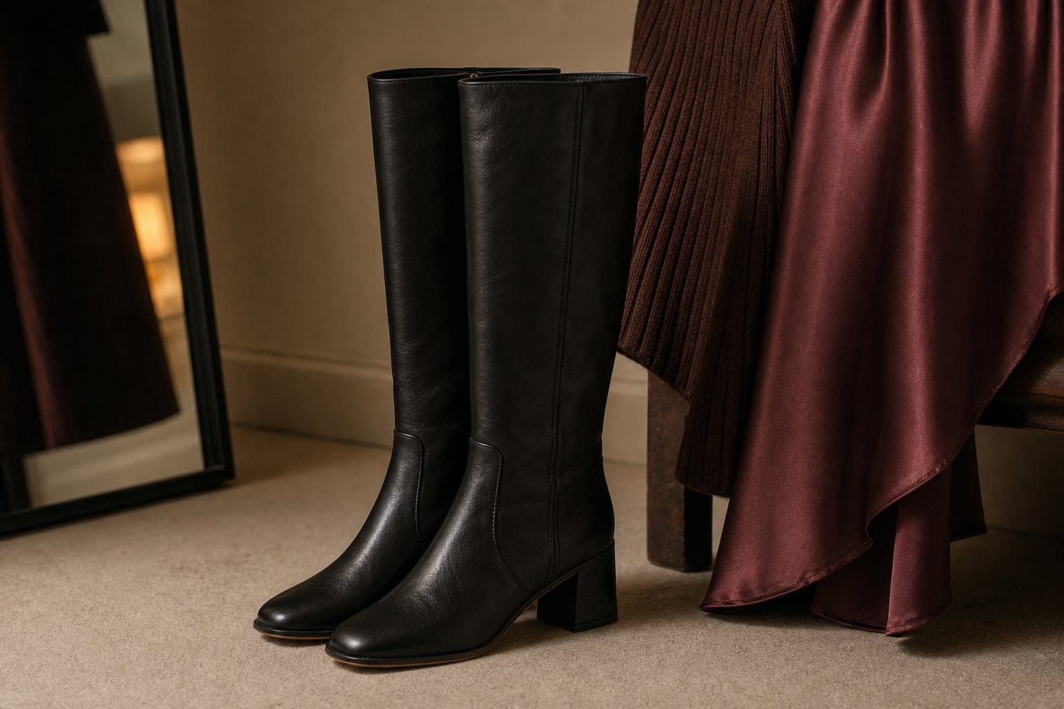 Tall black leather boots beside the hem of a burgundy satin skirt.