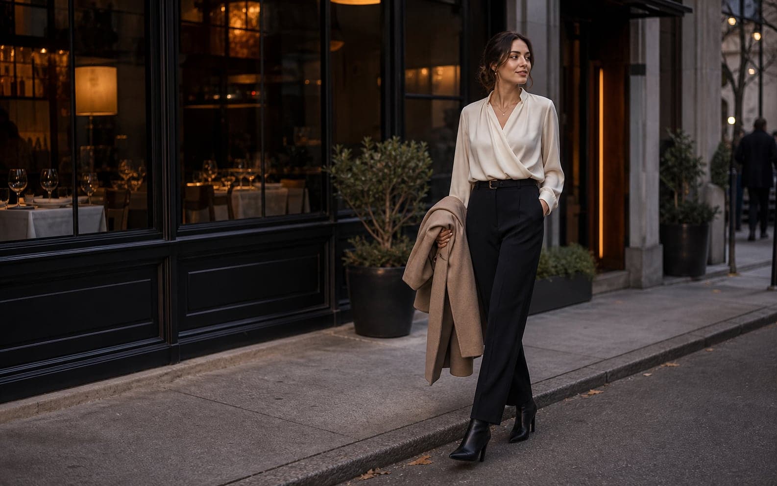A woman outside a restaurant wearing relaxed dark trousers, an ivory draped blouse, belt, heeled ankle boots, and clean coat.