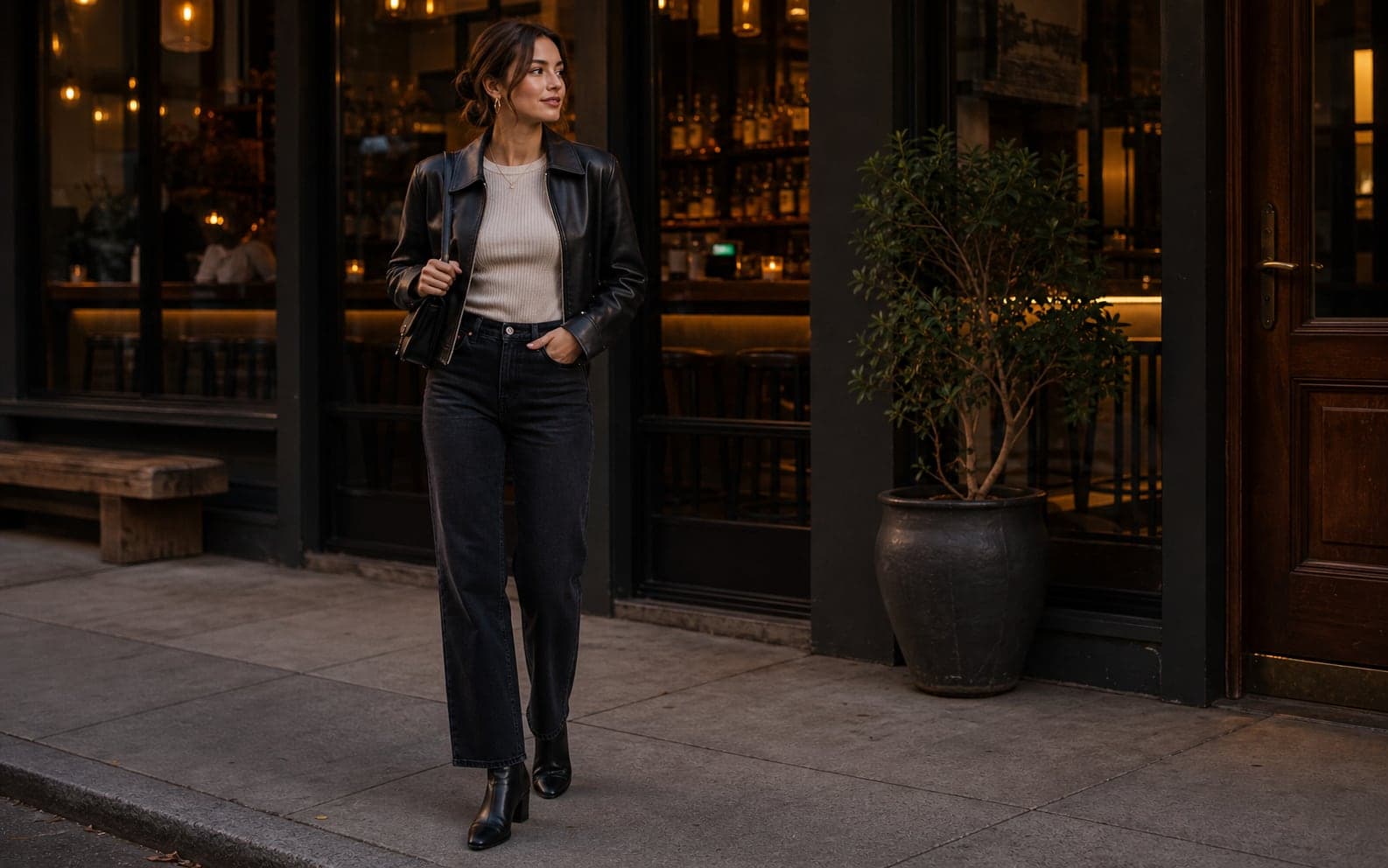 A woman outside a casual restaurant wearing dark straight-leg jeans, a fitted knit top, leather jacket, ankle boots, and hoops.