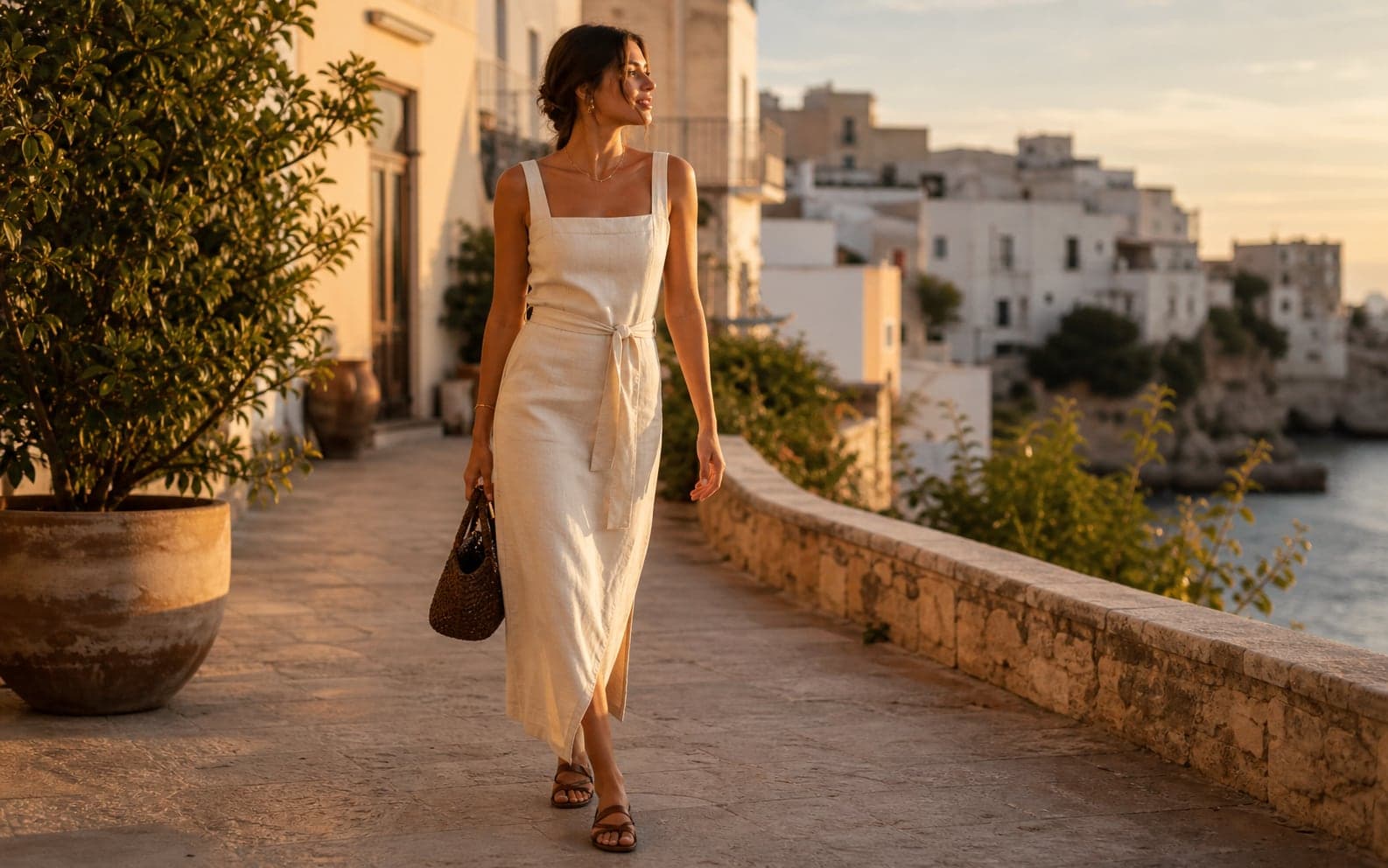 A woman on a warm evening terrace wearing a linen matching set, minimal sandals, soft bag, and simple jewelry.