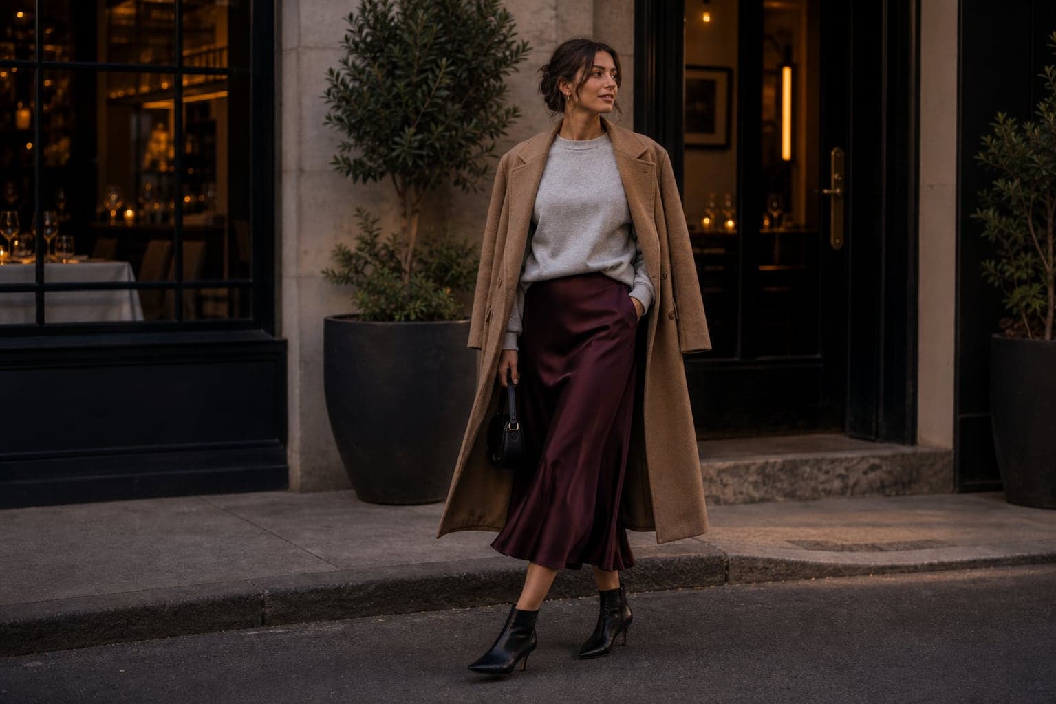 A woman outside a restaurant wearing a burgundy satin skirt, gray crewneck sweatshirt, structured camel coat, and sleek boots.