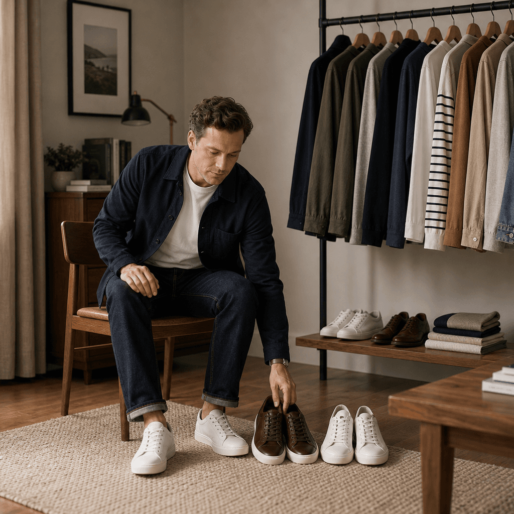 A man in a navy chore jacket, white tee, dark straight jeans and brown loafers walking on a quiet city street.
