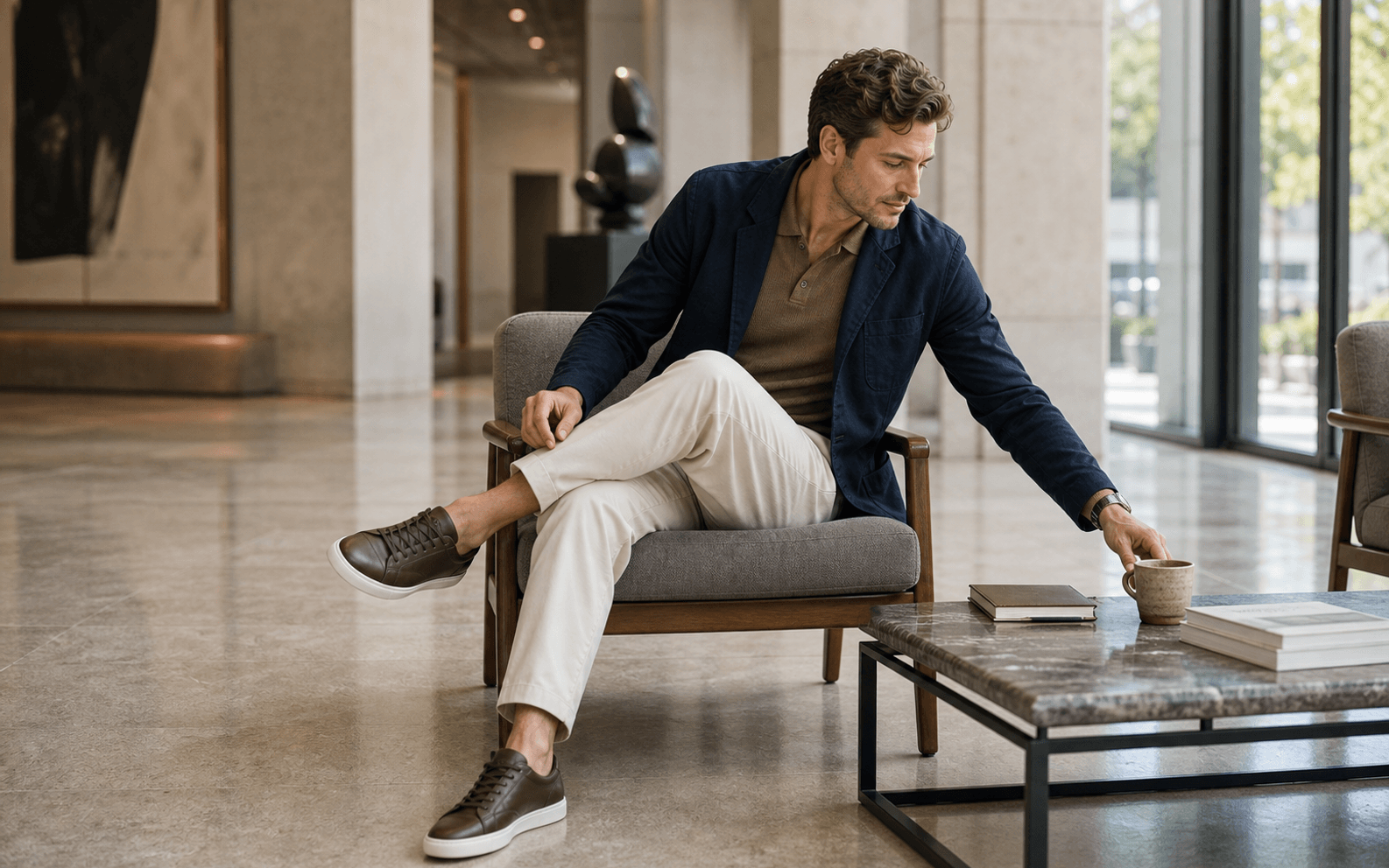 A man in a navy knit polo, olive chore jacket, relaxed charcoal trousers, and brown suede loafers walking on a quiet city street.