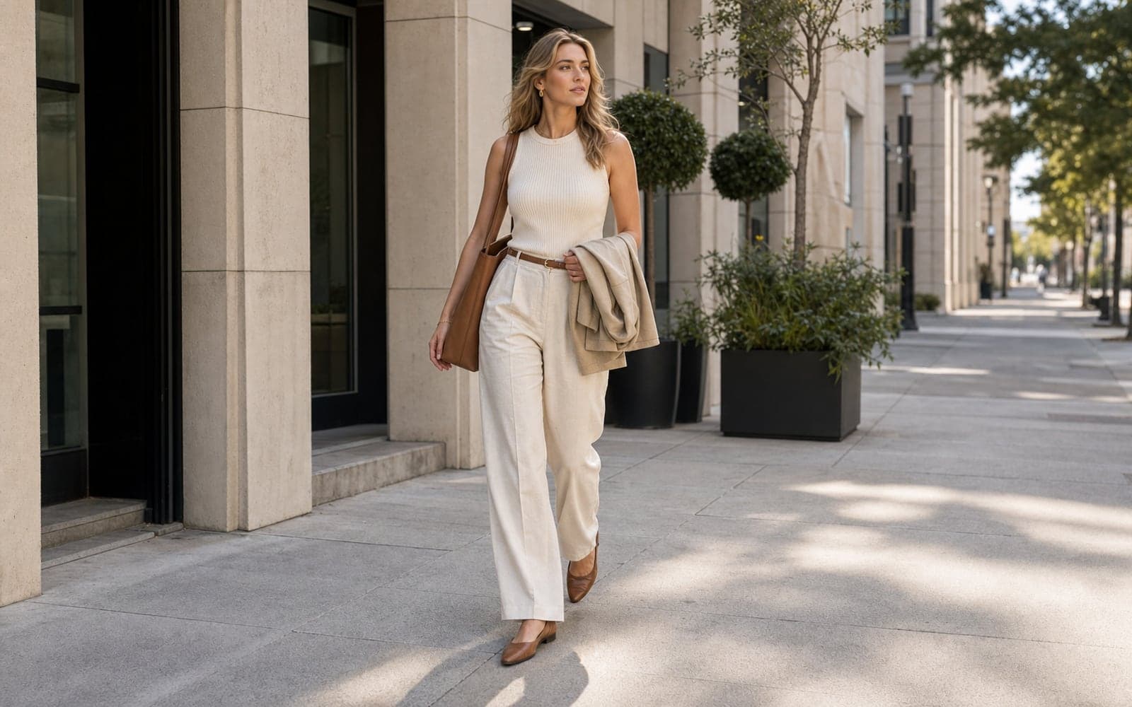 A woman in ivory linen trousers, a sleeveless knit, leather flats, and a structured tote walking through a summer office district while carrying a light blazer.