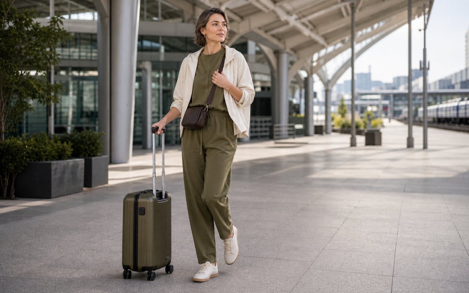 A woman with a compact carry-on suitcase wearing an olive matching set, cream lightweight jacket, low-profile sneakers, and a crossbody bag in a bright transit concourse.