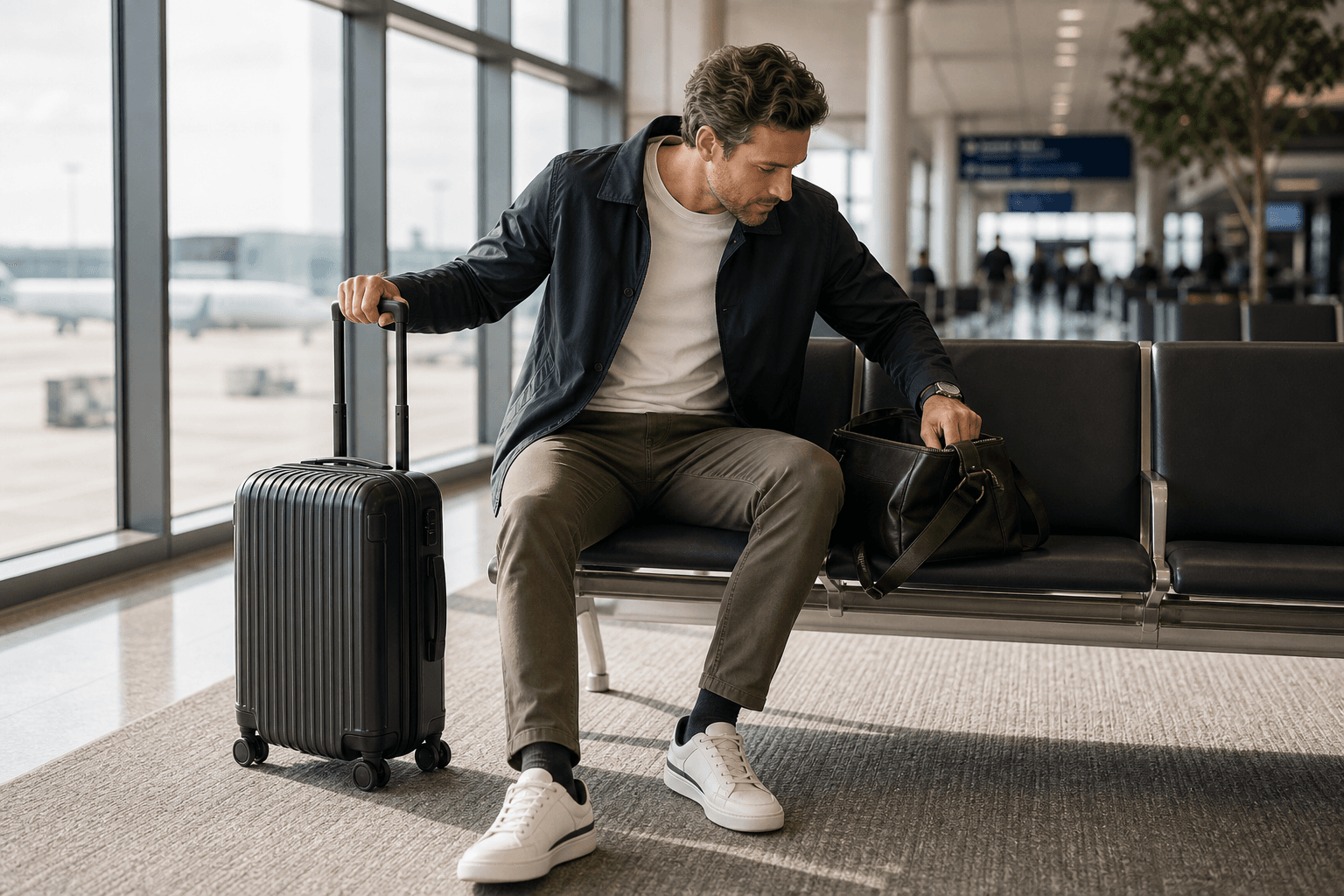 A man walking through an airport terminal in a navy chore jacket, white T-shirt, relaxed olive trousers, and clean retro runners while pulling a small black carry-on.