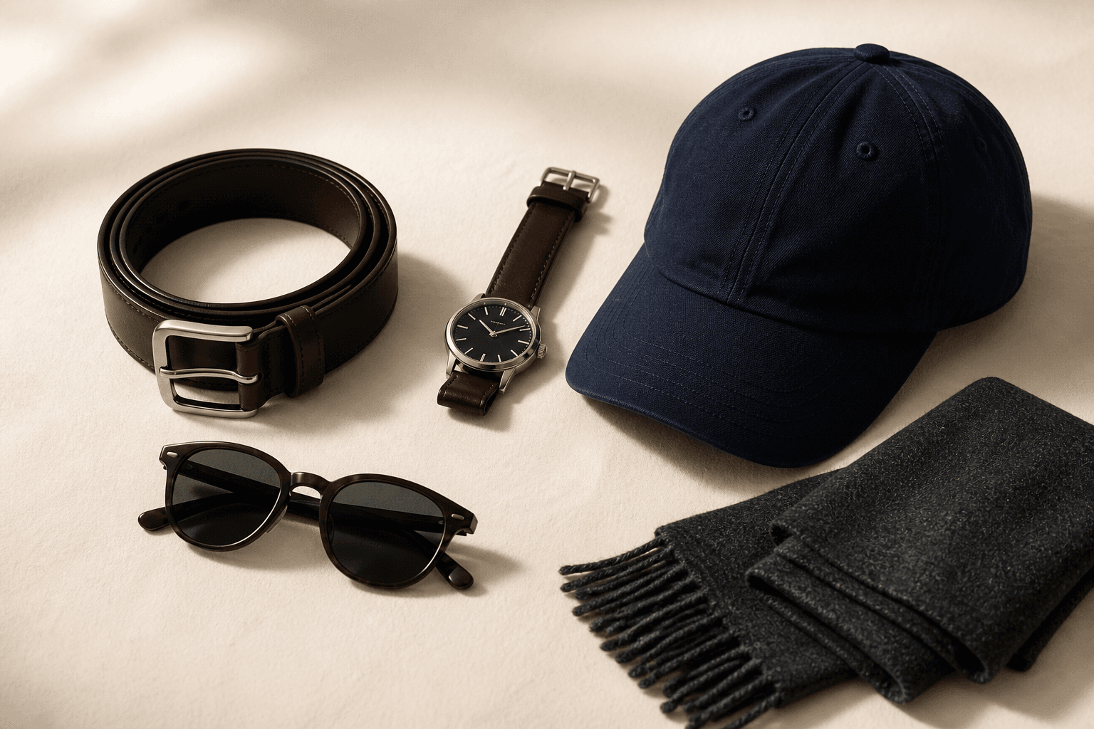 Menswear accessories including a leather belt, watch, cap, sunglasses, and scarf.