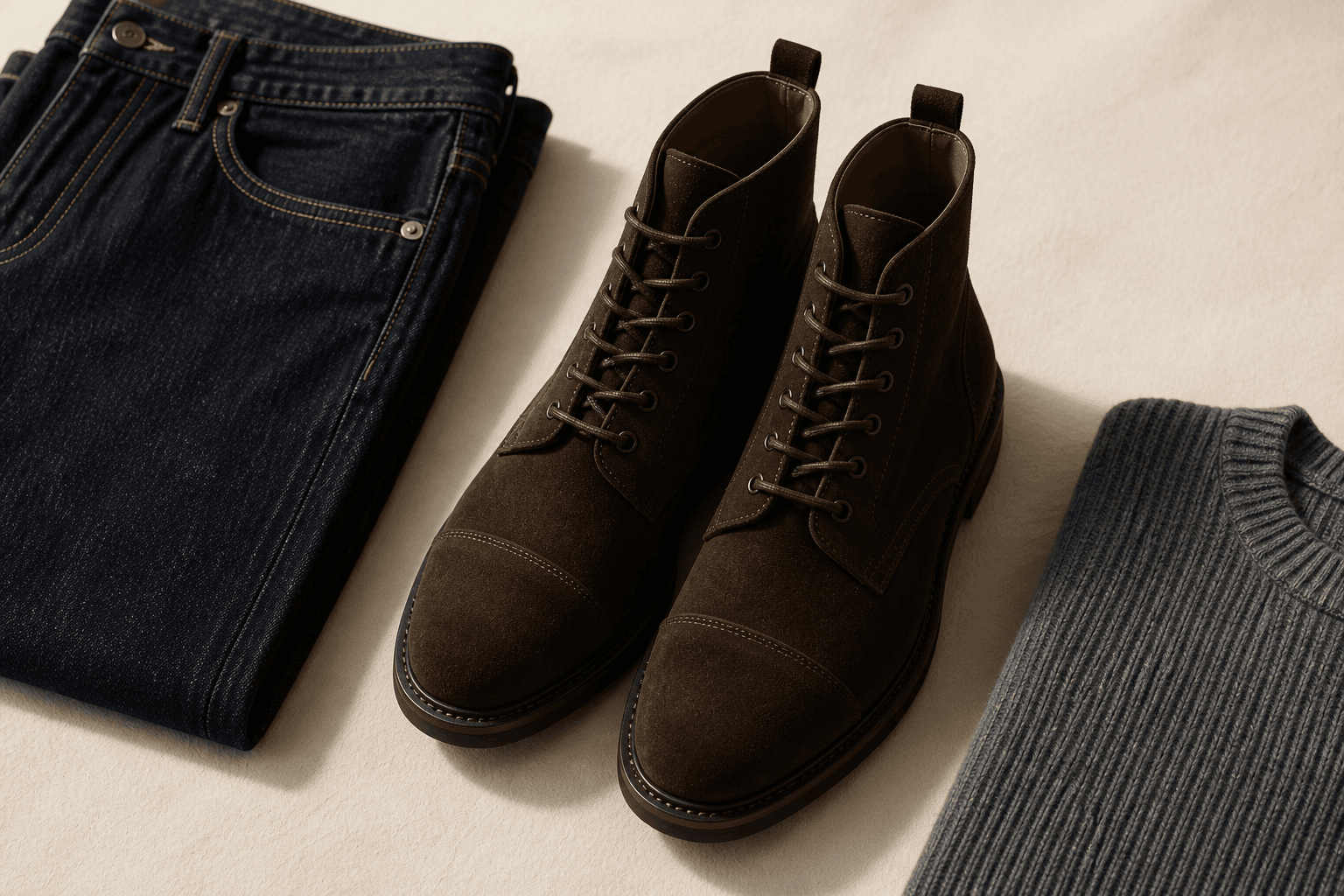Dark brown suede lace-up boots with dark denim and a grey knit.