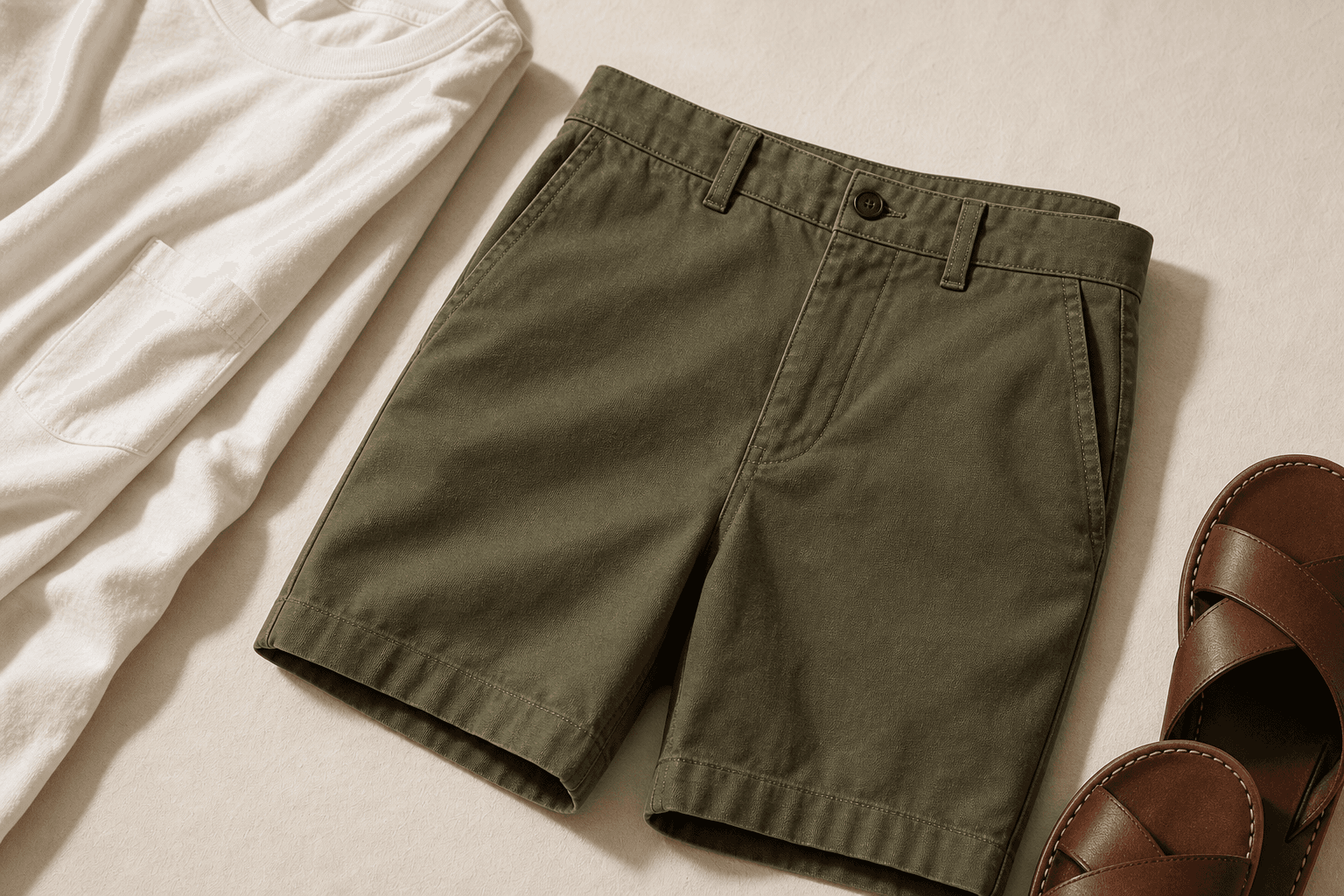 Olive cotton shorts with an off-white T-shirt and brown sandals.