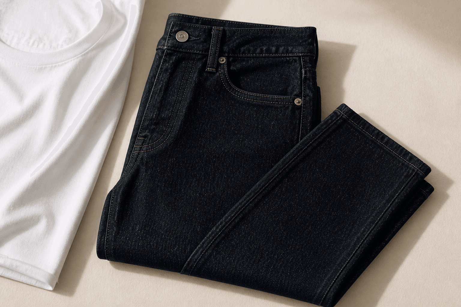 Folded dark indigo straight-leg jeans with a white T-shirt edge.