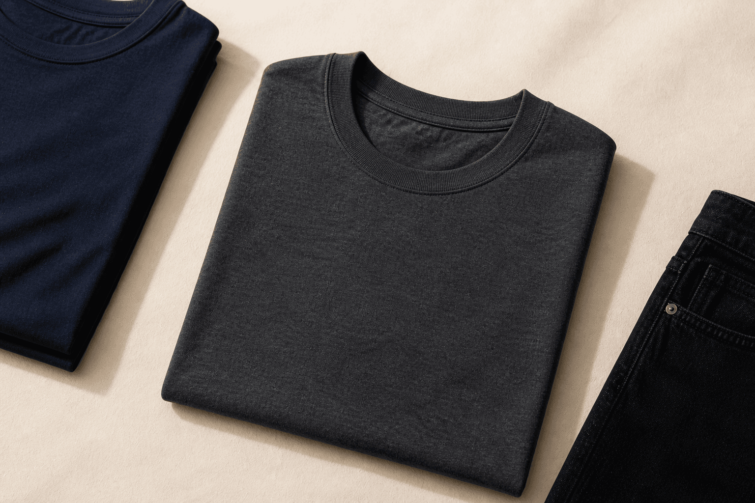 Folded charcoal T-shirt with navy and black layers.