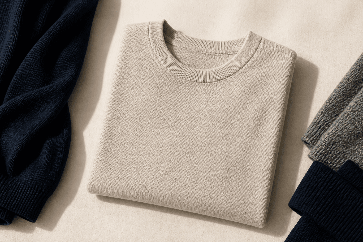 Folded oatmeal fine-gauge crewneck sweater with navy and grey knit texture.
