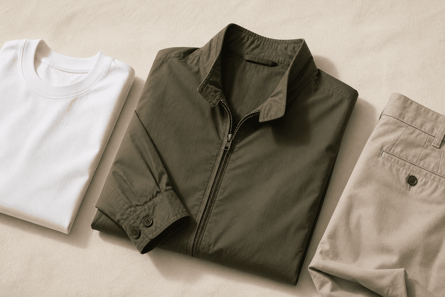 Olive lightweight jacket with a white tee and stone chinos.
