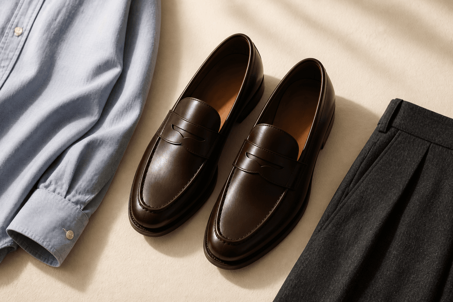 Dark brown penny loafers with charcoal wool trousers and pale blue oxford cloth.