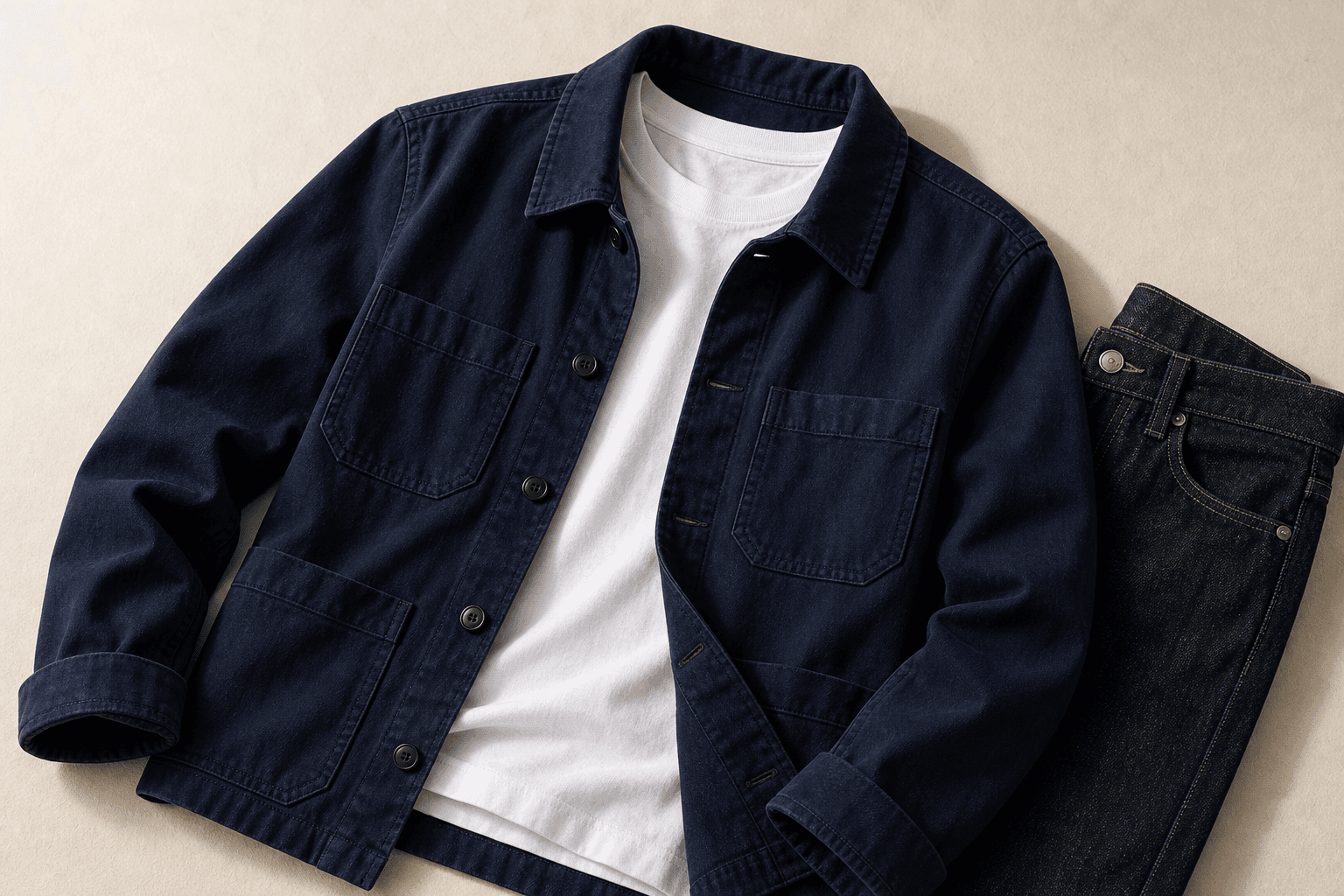 Navy chore jacket layered with a white T-shirt and dark denim.