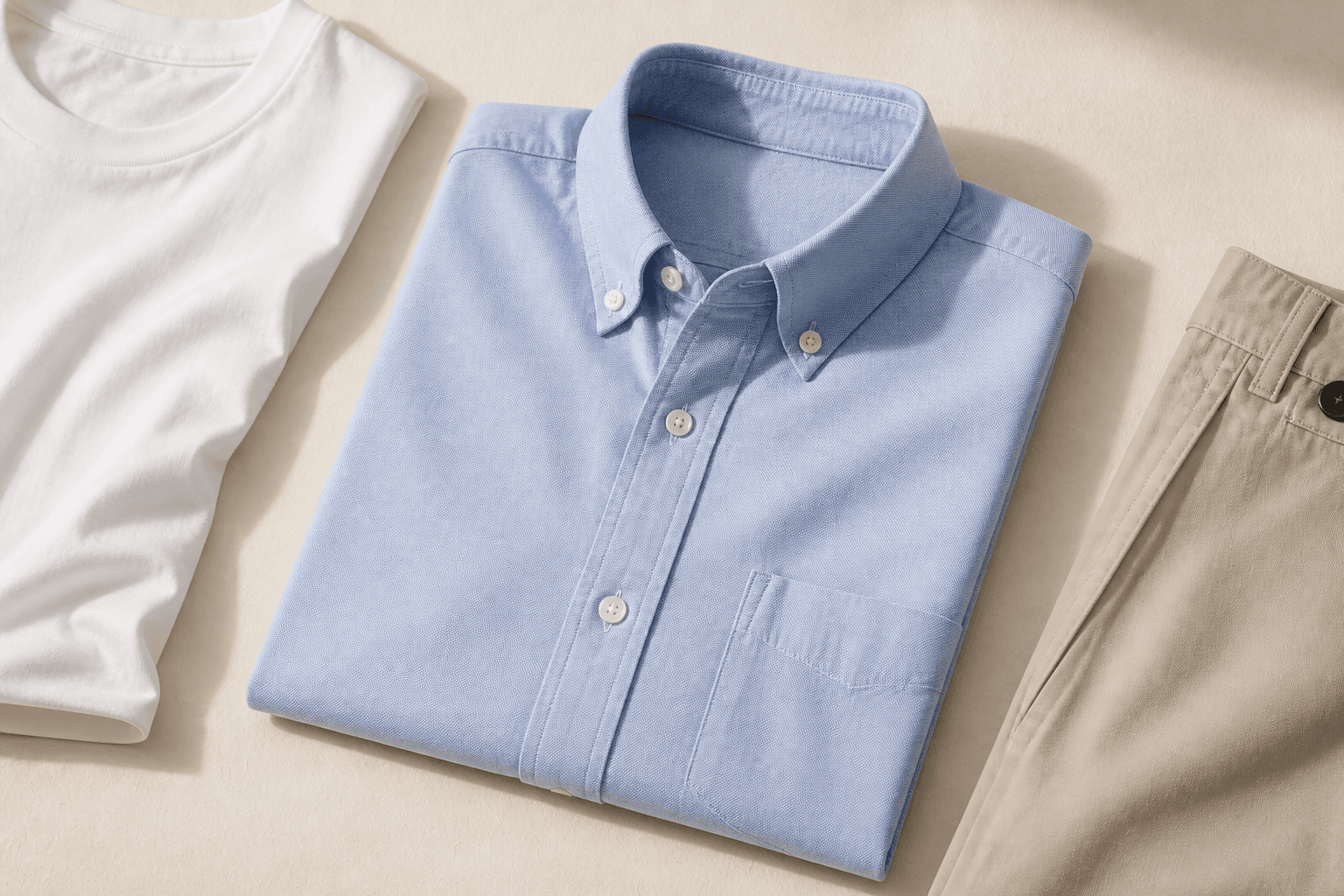 Folded pale blue oxford cloth button-down shirt with neutral wardrobe layers.